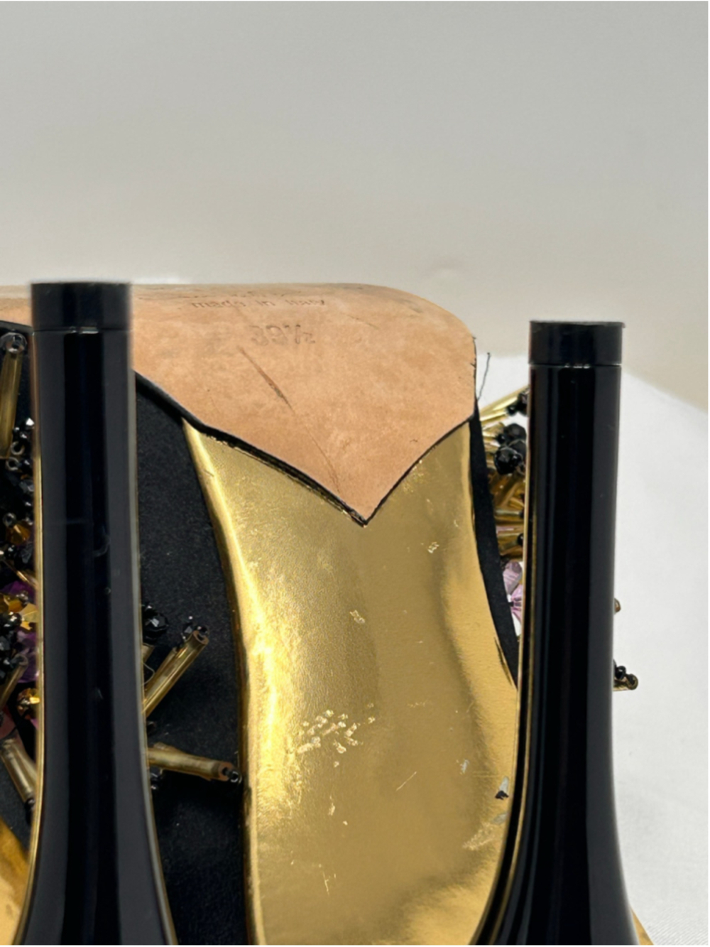 Oscar de la Renta 39.5 Black Satin Embellished Stiletto Pumps Beaded Gold - Picture 12 of 13